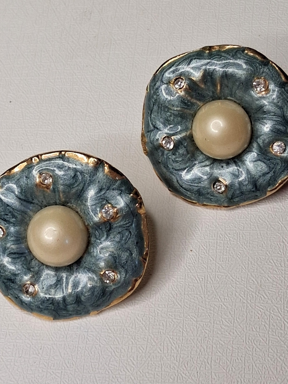 Gold-Trim Teal Resin Button Earrings with Cream Pearl Centers